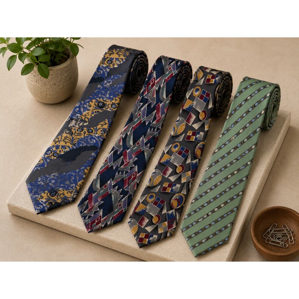 Vintage Designer Silk Necktie Lot Geometric Abstract Retro Mens Ties 1990s